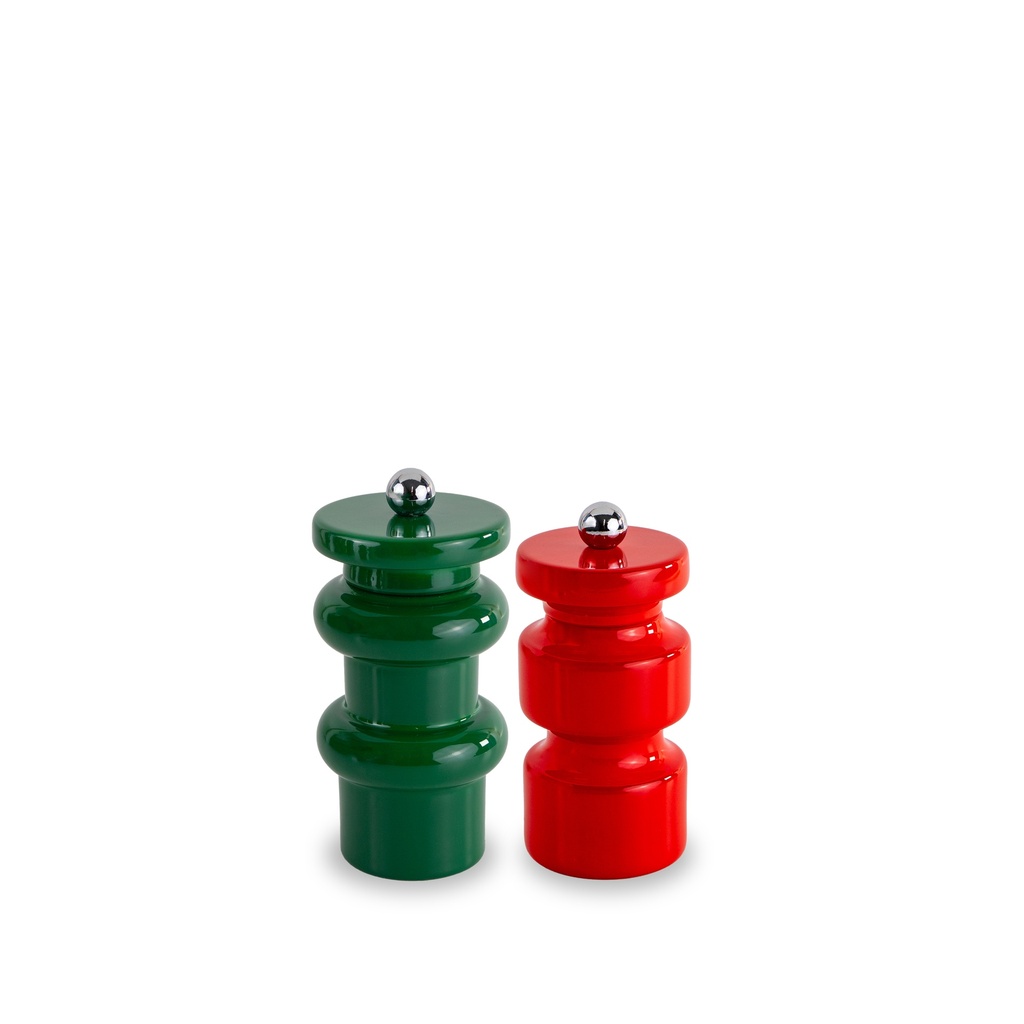 Set de moulins à poivre et à sel en bois FSC laqué. Vert et rouge.