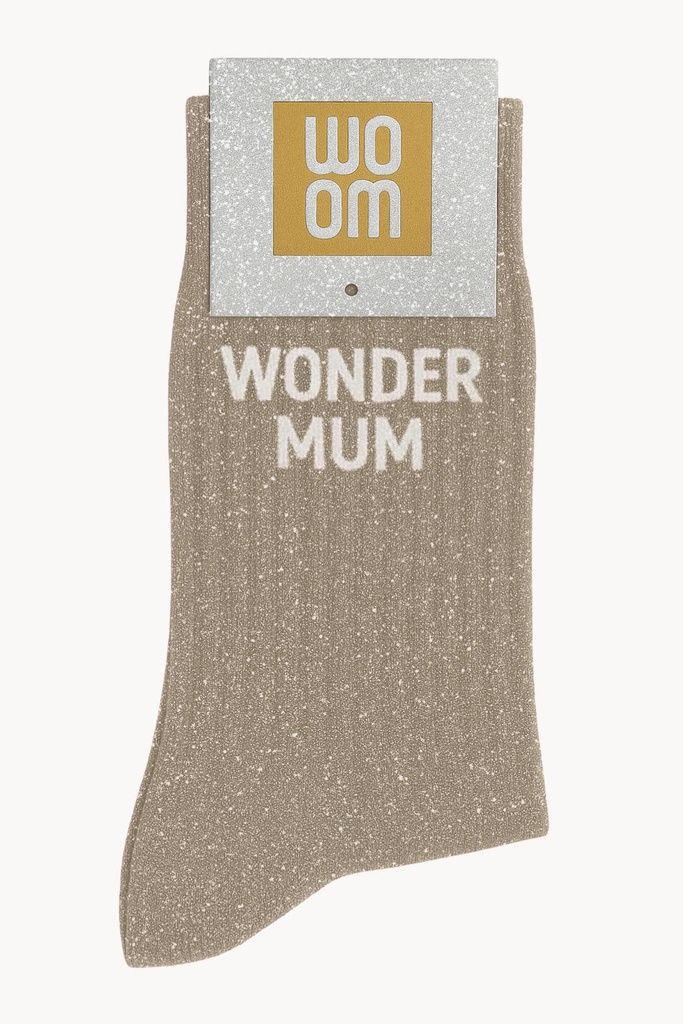 [8413-CPM-Wonder Mum Beige] Chaussettes à Paillettes à Message "Wonder Mum" - Beige