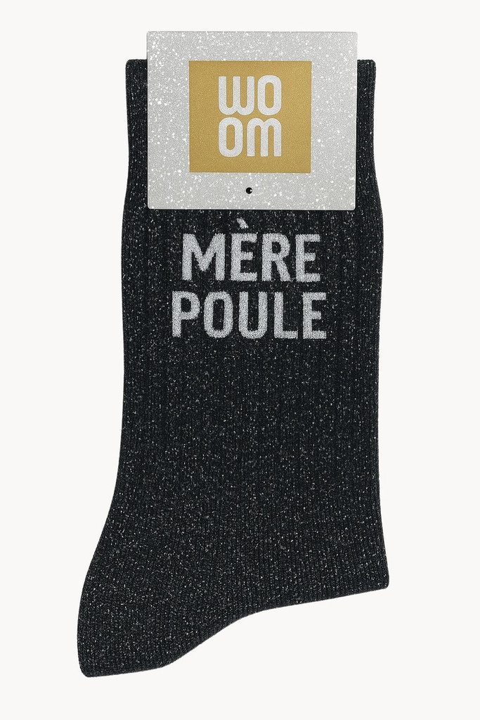 [8413-CPM-Mere Poule] Chaussettes à Paillettes Message "Mère Poule" - Noir