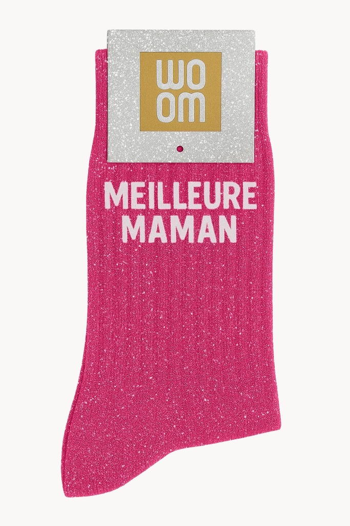[8413-CPM-Meilleure Maman] Chaussettes à Paillettes à Message "Meilleure Maman" - Fuchsia