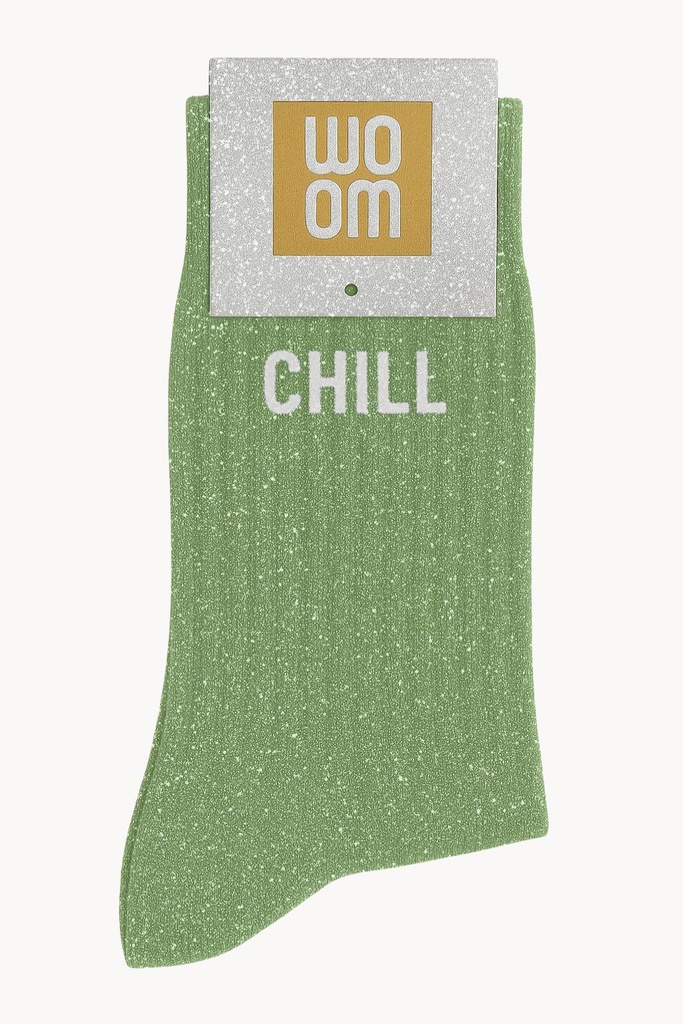 [8413-CPM-Chill Vert] Chaussettes à Paillettes à Message "Chill" - Vert Amande