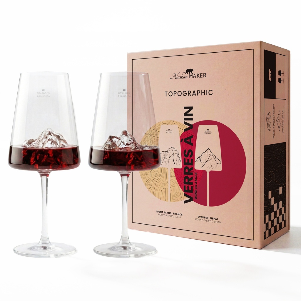 [5939-TOPO-VV-BE] Coffret de 2 verres à vin - Mt Blanc & Everest (Montagnes : Montagne Mont Blanc Everest)