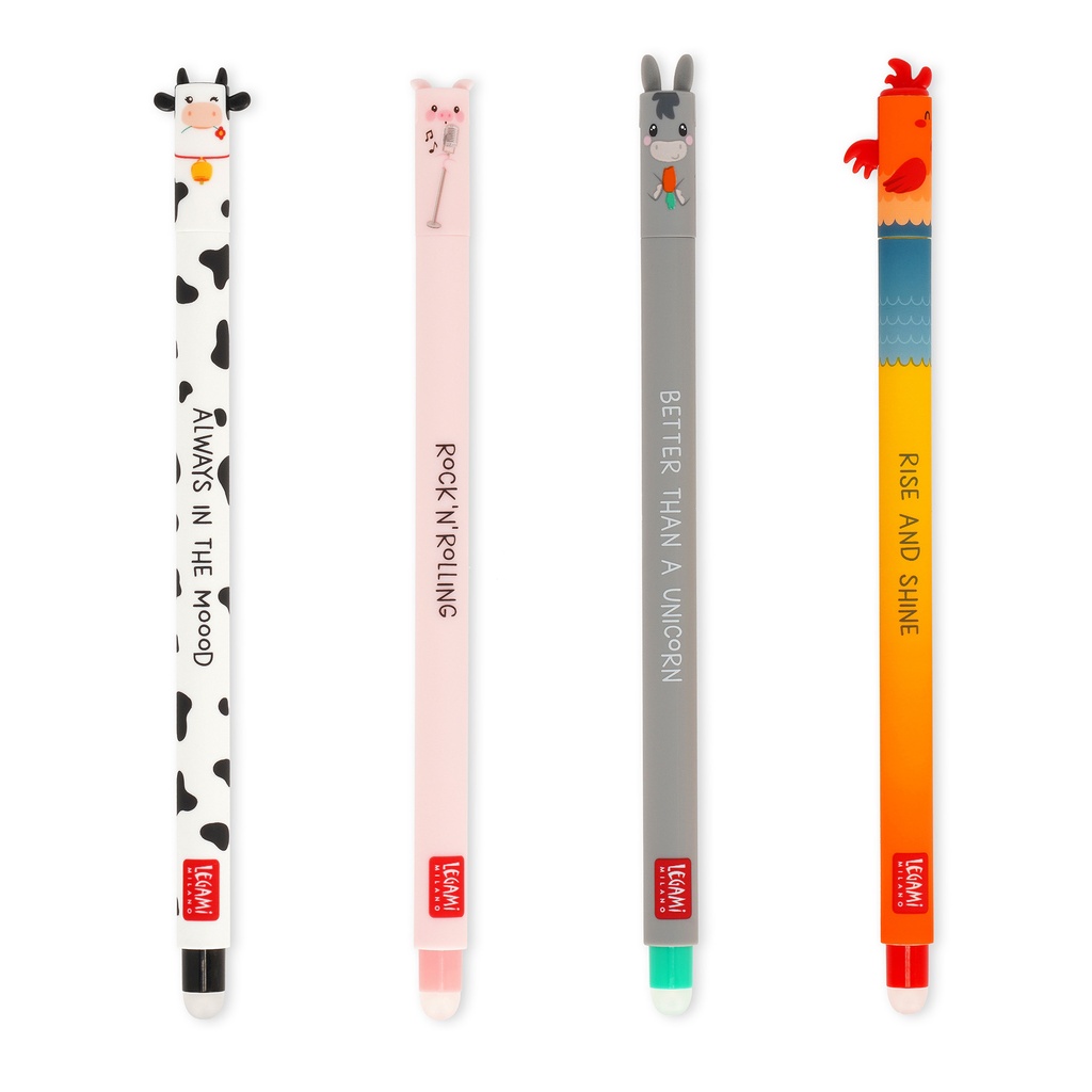Set de 4 Stylos Gel Effaçables - Vache + Cochon + Âne + Coq
