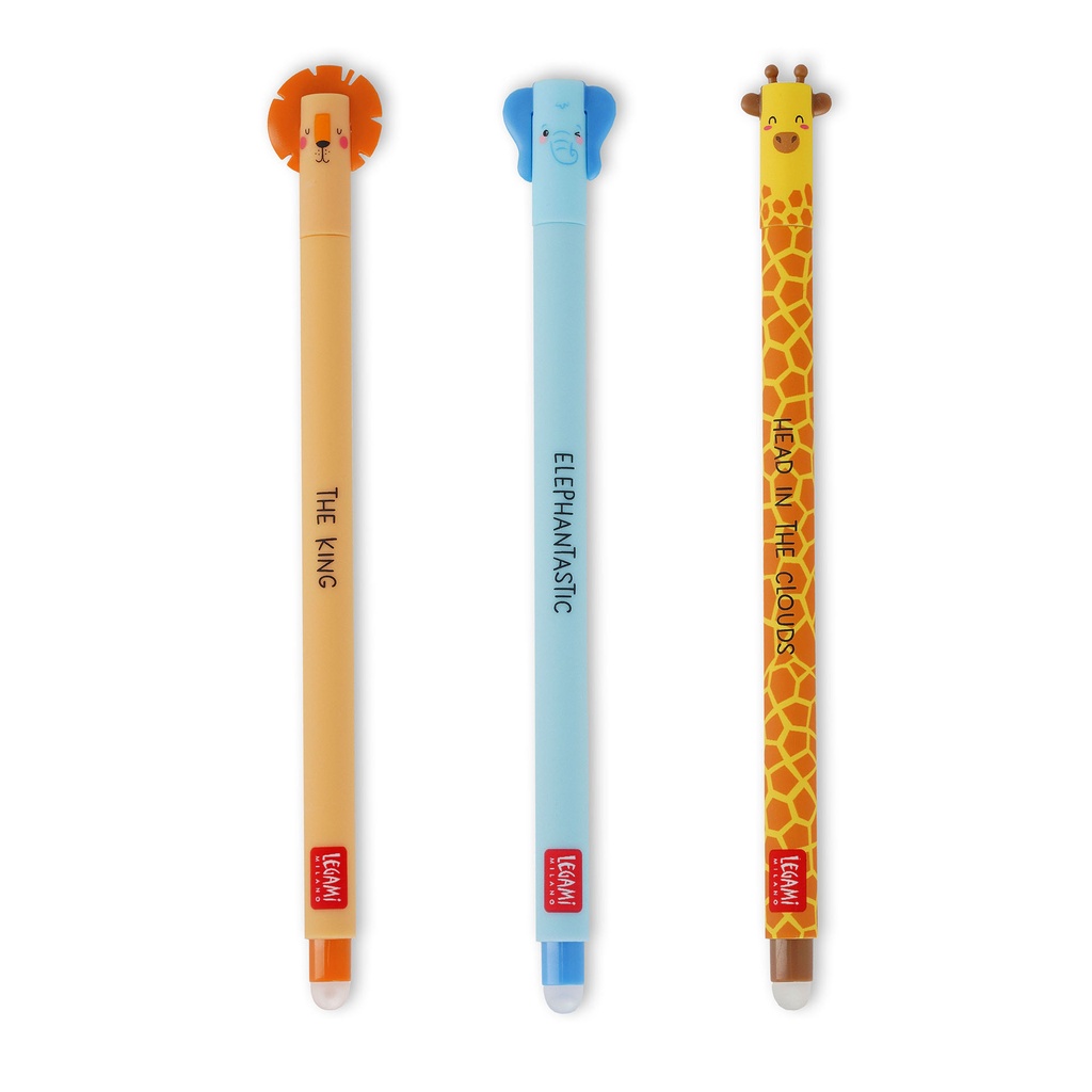 Set de 3 Stylos Gel Effaçables - Savane Sauvage - Lion + Éléphant + Girafe