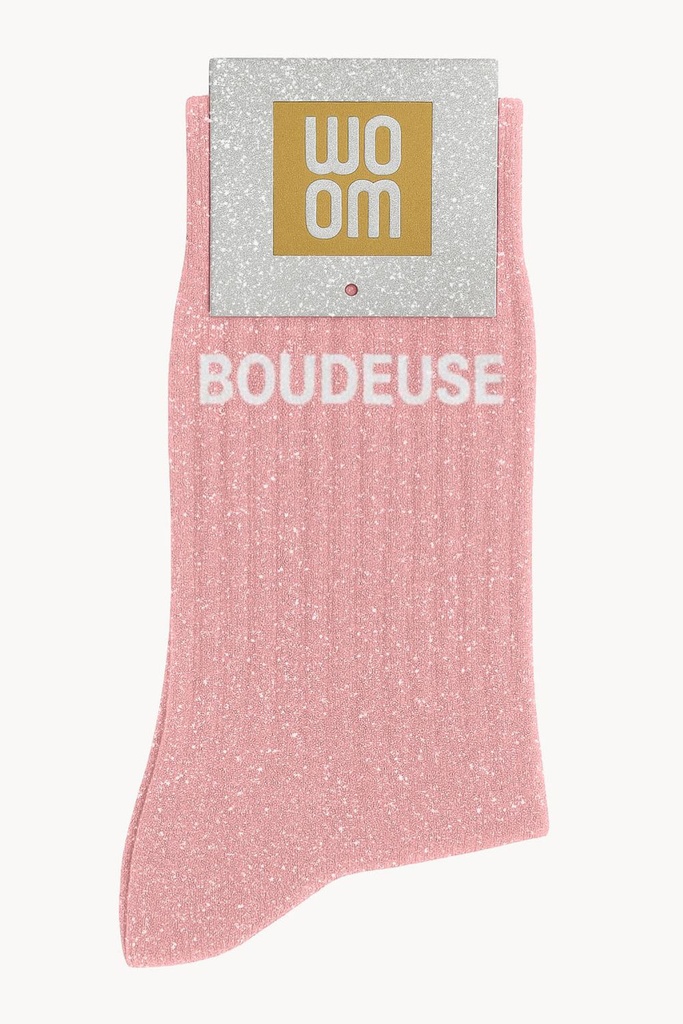 [8413-CPM-Boudeuse] Chaussettes à Paillettes à Message "Boudeuse"- Abricot