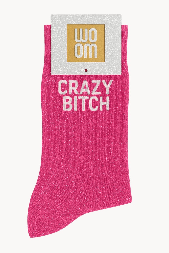 [8413-CPM-Crazy Bitch R] Chaussettes à Paillettes à Message "Crazy Bitch" - Rose Fuschia