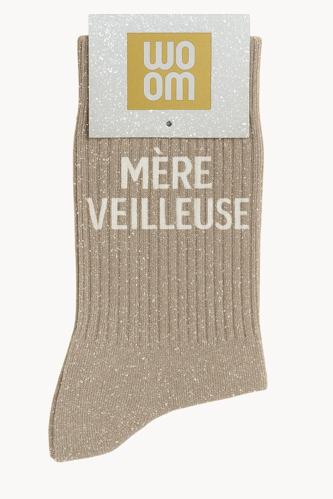 [8413-CPM-Mère Veilleuse] Chaussettes à Paillettes à Message "Mère Veilleuse" - Beige
