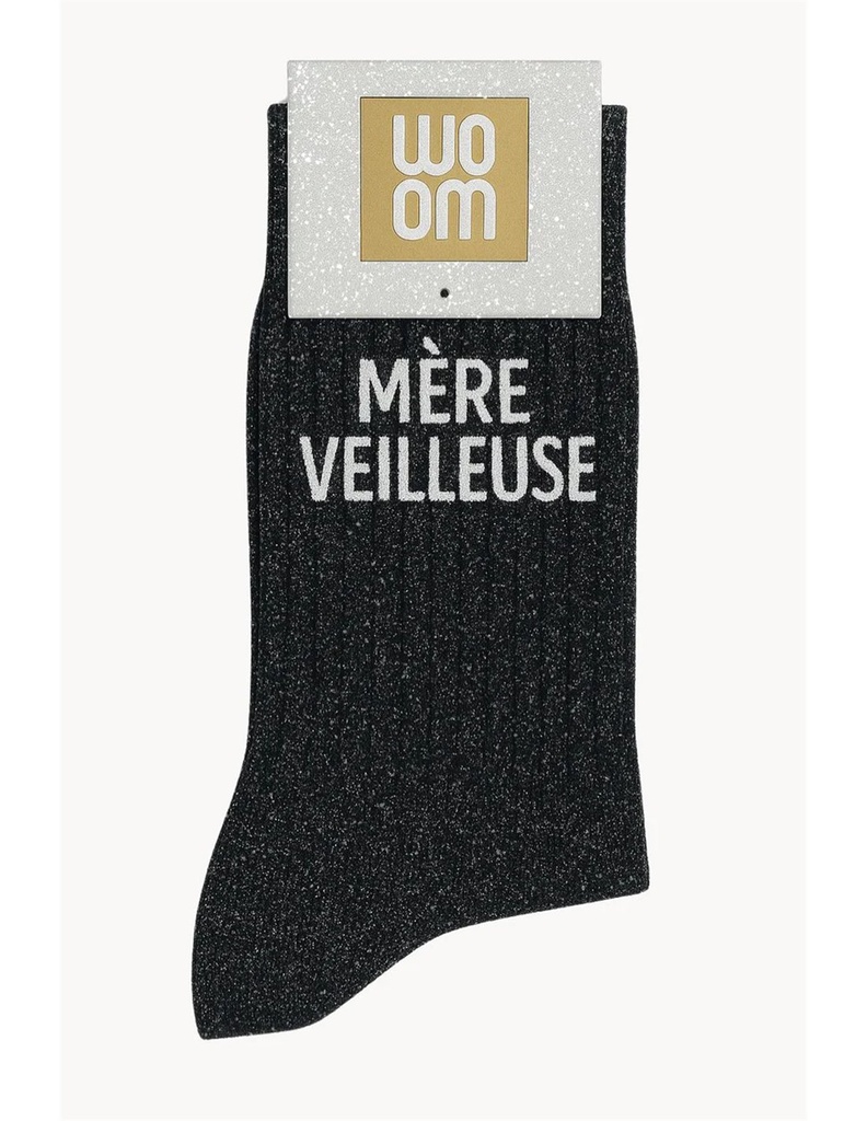 [8413-CPM-Mère Veilleuse Noir] Chaussettes à Paillettes à Message "Mère Veilleuse" - Noir