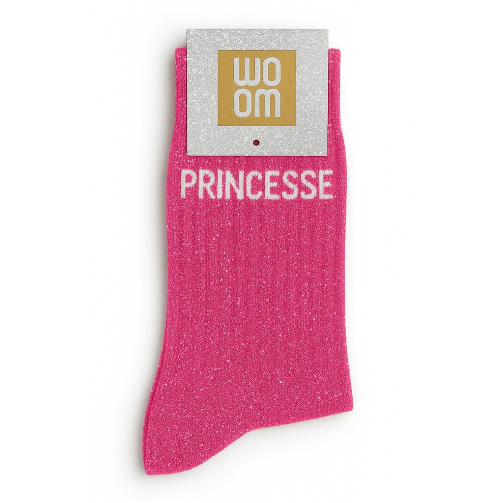 [8413-CPM-Princesse] Chaussettes à Paillettes à Message "Princesse"- Rose Fuschia