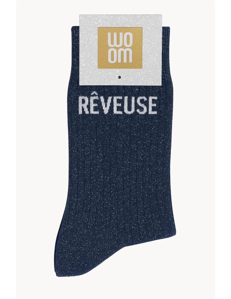 [8413-CPM-Rêveuse] Chaussettes à Paillettes à Message "Rêveuse" - Bleu Marine
