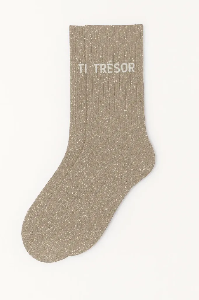 [8413-CPM-Trésor] Chaussettes à Paillettes à Message "Trésor" - Beige